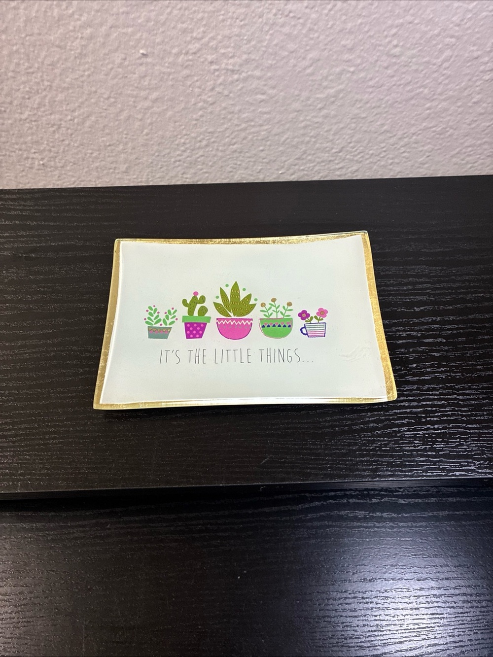 Natural Life square trinket dish fused glass desert theme cactus gold edging